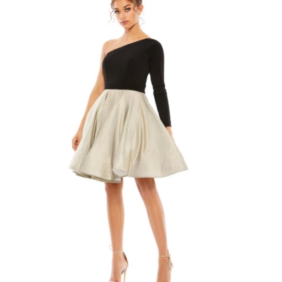 MAC DUGGAL 48929 ONE JERSEY SLEEVE BLACK.GOLD FIT & FLARE DRESS sz 4 - Picture 2 of 4